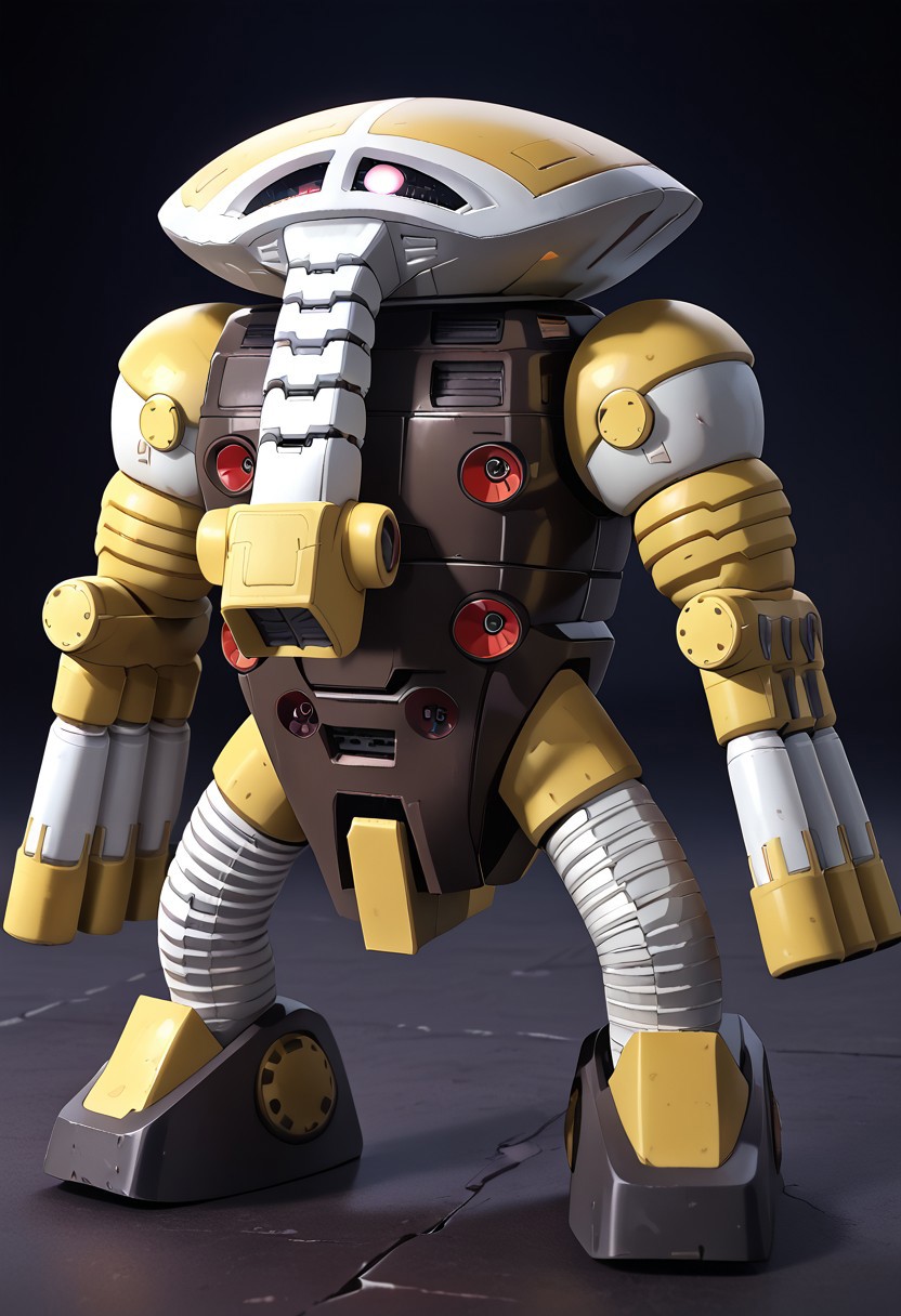 score_9, score_8_up, score_7_up, source_anime, front view, BREAK, ( juaggu, pink monoeye, turned to the side, looking up, standing, arms by sides, extended nose, finger cannons pointing downwards, ) 1mech, mech focus, solo, BREAK, concrete floor, black sky,
