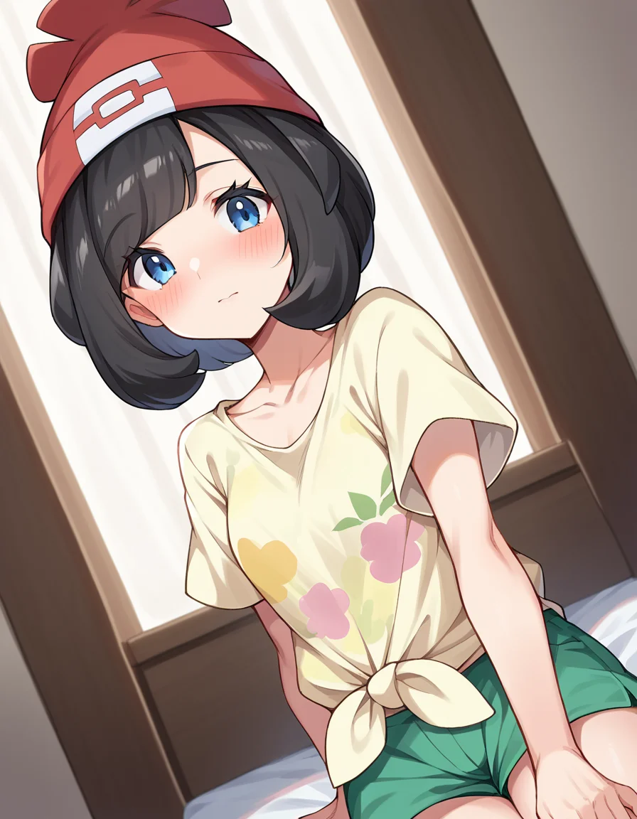score_9, score_8_up, score_7_up, source_anime,
pokemonselene, <lora:pokemon-selene-ponyxl-lora-nochekaiser:1>
pokemonselene, black hair, blue eyes, short hair, bangs, blunt bangs,
beanie, collarbone, green shorts, hat, red headwear, shirt, short sleeves, shorts, tied shirt, yellow shirt,
indoors, bed, bed room, on side, blush, drunk,
looking at viewer, cowboy shot, dutch angle,