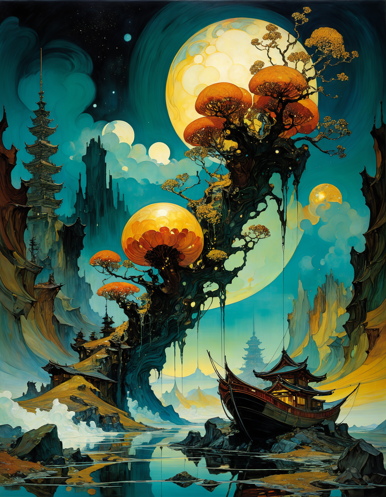 ,colorful, whimsical , <lora:add-detail-xl:3>, famous artwork (by john berkey:1.2), (fractal art:1.2), fantasy style, seen here is the wondrous (amphibic:1.2) grubby honkerWillow with its owgelwarbly gobblefunk and (sleek, streamlined features:1.2). it prefers to briscmeggle next to one of the colorful and frequently (erupting geysers:1.4) of the swallorfluxed exoplanet dorfshnupf ix , (by Henry asencio:1.1), (by Josephine Wall:1.1),  (by Edgar Degas:1.2), (by Pierre-Auguste Renoir:0.9), (by Claude Monet), (by Vincent Van Gough:), (by J M W Turner), (by Hokusai) and  (by James Gurney) , (oil painting), (Art Nouveau), (by Gustav Klimt:), (by Egon Schiele), (by Oskar Kokoschka), (by Alphonse Mucha), (in ukiyo-e art style:0.6), (masterpiece:1.2), (epic composition:1.4), (talent:1.2)