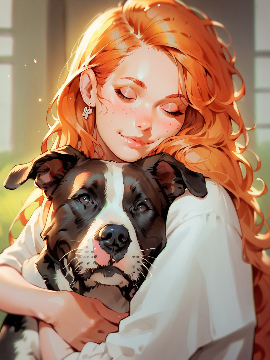 score_9, score_8_up, score_7_up, score_6_up,  <lora:p3tl0v3XLP:1> p3tl0v3, 1girl, hugging black|white dog, long hair, ginger, <lora:1ly4XLP:1> 1ly4,
