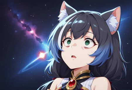 1girl, solo, long hair, streaked hair, black hair, white hair, low twintails, green eyes, cat ears, KarylDress, multicolored dress, brooch, detached sleeves, gold trim, portrait, unconscious, empty eyes, wide-eyed, open mouth, space, galaxy, nebula, space cat \(meme\), masterpiece, best quality, amazing quality,