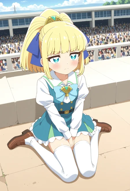 <lora:Hyper-SDXL-8steps-lora:1> <lora:Fixhands_anime_bdsqlsz_V1:1> zPDXL2, score_9, score_8_up, score_7_up, masterpiece, best quality, absurdres, high resolution, 8k, official art, official style, source_anime, uncensored, anime screencap, anime coloring, megami magazine, (ai-generated:0.6),
1girl, okanega_arisu, blonde hair, ponytail, hair ribbon, hair ornament, aqua eyes, aqua dress, white sleeves, bowtie, thighhighs, brown shoes,
sitting, from above, barefoot, looking up,arms between legs, Skeptical, Raised eyebrows and a slightly pursed mouth., outdoors, city, audience, crowd, solo, solo focus,
<lora:PKS-okanega_arisu_XL(pony)v10:1>