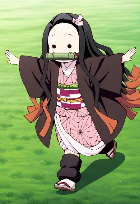best quality, amazing quality, very aesthetic, absurdres,anime screencap, nezukoc,1girl,solo,full body,solid circle eyes,black hair,female child,two-tone hair,very long hair,black haori,pink kimono, checkered obi, pink hair ribbon,long sleeves,running,spread arms,grass, bamboo bit gag, expressionless,asa no ha \(pattern\), black leg warmers, <lora:NezukoIllus:1>