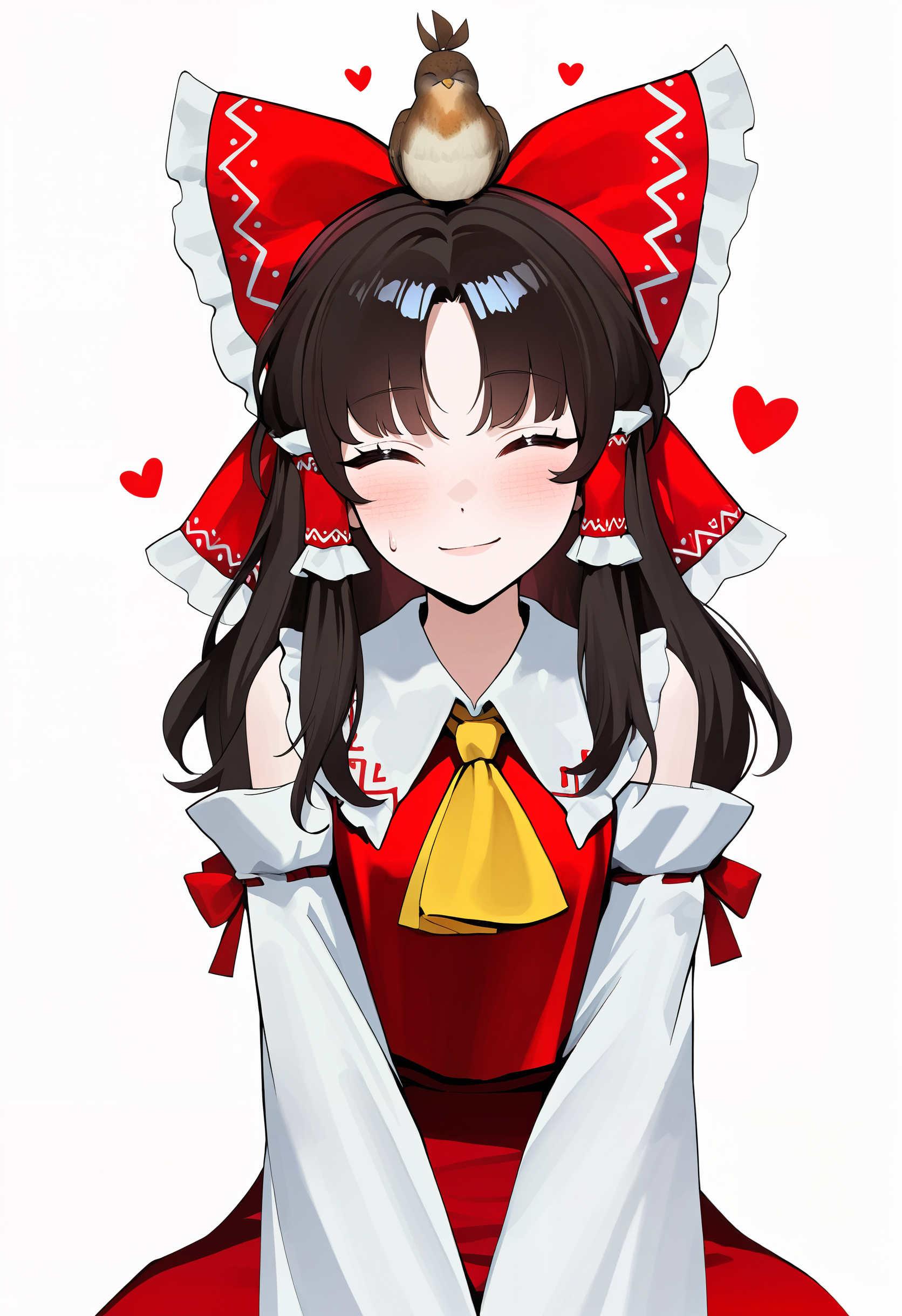 l4vsty444, year 2024, masterpiece, detailed, best quality, newest, absurdres, highres, hakurei reimu, ascot, hair tubes, frilled bow, light off white background, bird on head, light smile, sweat drop, ^_^, blush, white outline, (striped bow:1.1), finch \(bird\), brown bird, upper body, hands on lap, tiny bird, heart