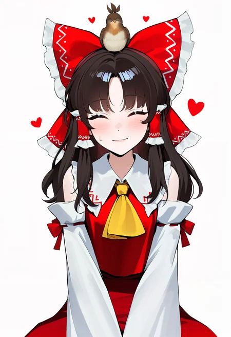 l4vsty444, year 2024, masterpiece, detailed, best quality, newest, absurdres, highres, hakurei reimu, ascot, hair tubes, frilled bow, light off white background, bird on head, light smile, sweat drop, ^_^, blush, white outline, (striped bow:1.1), finch \(bird\), brown bird, upper body, hands on lap, tiny bird, heart