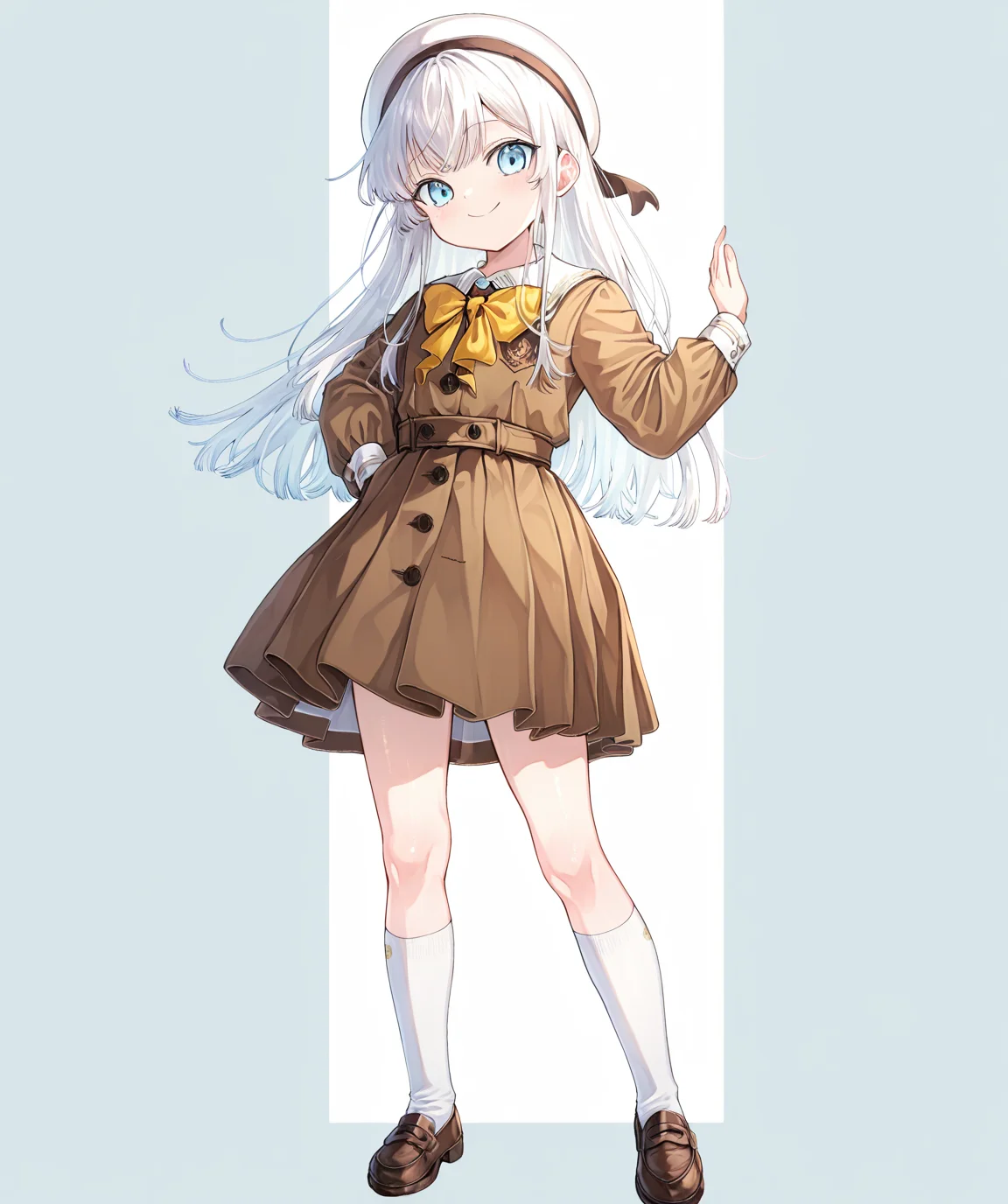 intricately detailed illustration, shiny skin, masterpiece, best quality, amazing quality, very aesthetic, newest, scenery, (volumetric lighting:1.1), full color, clear line, solo, <lora:nia_liston_v01:1>, nia_liston, long hair, white hair, bule eyes, school uniform, beret, white socks, shoes, smile, standing, full body, simple background, <lora:LECO_BadHands:1.2>, <lora:LECO_GoodHands:-1.2>, <lora:cfg_scale_boost:0.7>