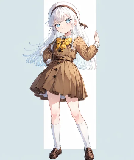 intricately detailed illustration, shiny skin, masterpiece, best quality, amazing quality, very aesthetic, newest, scenery, (volumetric lighting:1.1), full color, clear line, solo, <lora:nia_liston_v01:1>, nia_liston, long hair, white hair, bule eyes, school uniform, beret, white socks, shoes, smile, standing, full body, simple background, <lora:LECO_BadHands:1.2>, <lora:LECO_GoodHands:-1.2>, <lora:cfg_scale_boost:0.7>
