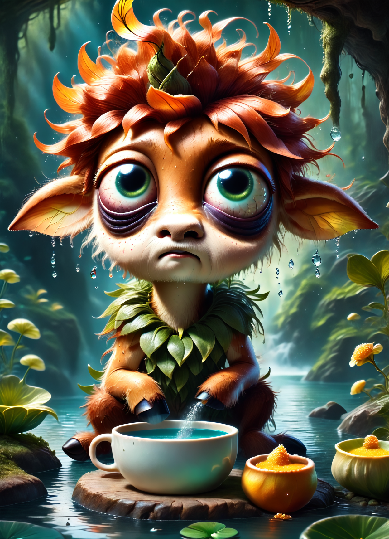 DonM1ns0mn14XL,score_9, score_8_up, score_7_up, score_6_up,faun, Water fairy, delicate and beautiful, shy and reclusive embody the mystery and grace of water, dissolves into water when captured and exposed to sunlight, associated with bodies of fresh water, lake, carcinogenic,clinical,healthy,enriching,torrential ,   rating_safe <lora:DonM1ns0mn14XL-pony:1>