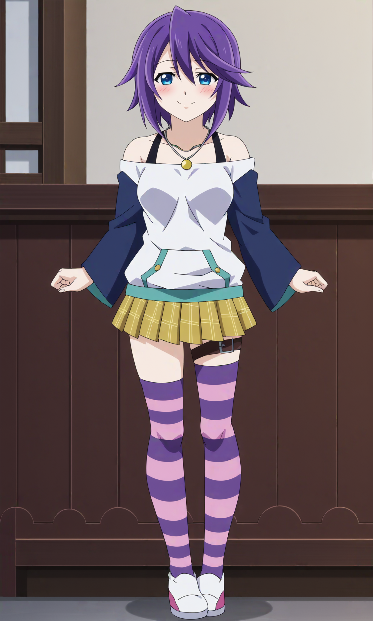 score_9, score_8_up, score_7_up, source_anime, BREAK
<lora:MizoreXL-000030:1>,purple hair, 1girl, solo, blue eyes, short hair, striped thighhighs, necklace, shoes,pale skin, plaid skirt, looking at viewer, bare shoulders, blush, off shoulder, hoodie, thigh strap, breasts, smile, hair between eyes,standing, full body, 
<lora:anime_screencap:0.8>,fine anime screencap_xl, (anime screencap:1.3),