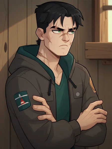 portrait of tom_DVC man, black hair, green eyes, jacket, scar, scar on face, annoyed, cabin background <lora:Tom_Disventure_Camp:.7>, score_9, score_8_up, score_7_up, <lora:Smooth Anime 2 Style SDXL_LoRA_Pony Diffusion V6 XL:.3> <lora:add-detail-xl:.8> zPDXL3,