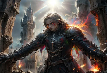 ((Aerial shot of the handsome acrobatic Alucard climbing a gothic castle tower very high above the ground as the skin on his face burns from sunlight:2.5)),
video game character, Castlevania, Symphony of the Night, SOTN, (burning face:1.5), long white hair,
extremely detailed background, colorful background, gothic castle background, landscape background, (background focus:1.5), (rain, slick rocks, wet bricks, shiny walls:1.3), black monster in background,
eye catching,
ral-exposure, motion blur, (motion blur fingers, motion blur feet:1.25), parkour,
candid shot, dynamic shot, viewed from the side, distant view, looking straight down,
hyperdetailed realistic illustration, intricately detailed, highest quality, implied motion, motion streaks, motion lines,
BREAK, ultra level of detail and precision in the art, masterpiece, absurdres, mixed media, lineart, digtal art, detailed shading, extreme wide-angle view, ray-traced,
intense mood, gritty, grimdark,
subsurface scattering, (light leaks, lens flare, crepuscular rays, sunbeams:1.3), (halo effects, broken jagged rainbow optical rings:1.4), global illumination, ambient occlusion, soft shadows, film grain, Dutch angle, cinematic composition, (mystic haze, dusty atmosphere:1.2), HDR, complementary colors, (vibrant colors, colorful palette:1.2), fisheye view,