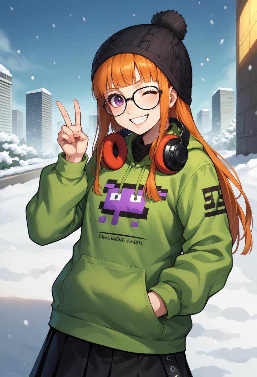 score_9, score_8_up, score_7_up, source_anime, BREAK 1girl, looking at you, wink, grin, peace sign, hand in pocket, <lora:zs_FutabaXL:1> futabawinter, orange hair, long hair, blunt bangs, purple eyes, glasses, headphones around neck, black beanie, green hoodie, black skirt, black pantyhose, outdoors, snow, cityscape