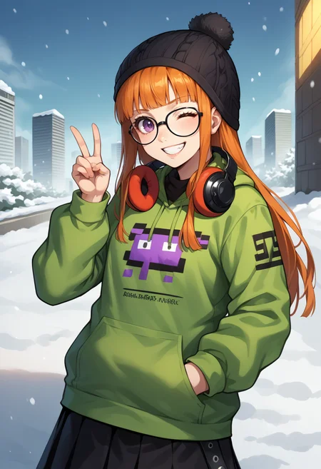 score_9, score_8_up, score_7_up, source_anime, BREAK 1girl, looking at you, wink, grin, peace sign, hand in pocket, <lora:zs_FutabaXL:1> futabawinter, orange hair, long hair, blunt bangs, purple eyes, glasses, headphones around neck, black beanie, green hoodie, black skirt, black pantyhose, outdoors, snow, cityscape