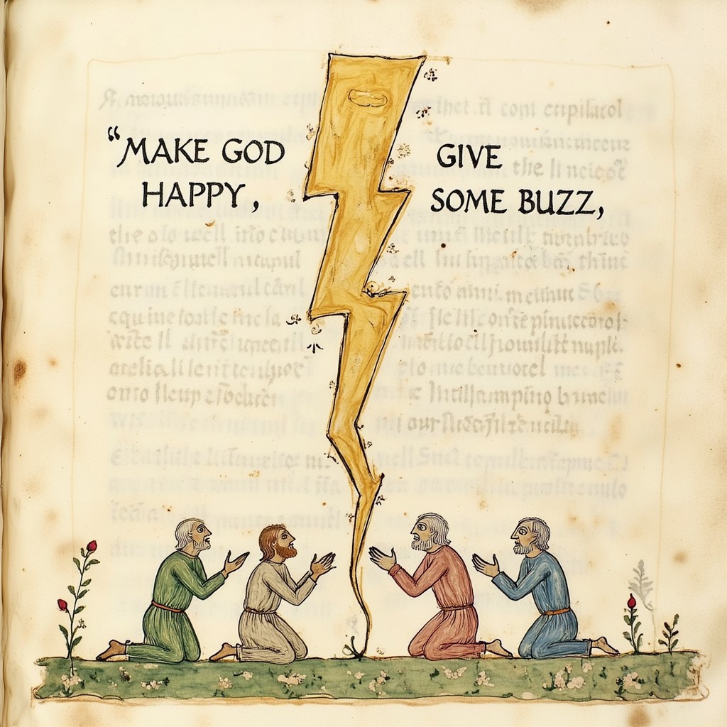 Illuminated manuscript illustration of a standing lightning bolt. Above the bolt the text "MAKE GOD HAPPY, GIVE SOME BUZZ" is written. Before the lightning bolt several men are seen kneeling before it praying to the lightning bolt.  <lora:ral-medieval-manuscripts-flux:1>