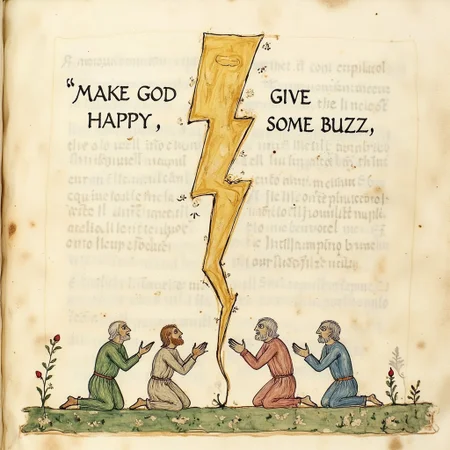 Illuminated manuscript illustration of a standing lightning bolt. Above the bolt the text "MAKE GOD HAPPY, GIVE SOME BUZZ" is written. Before the lightning bolt several men are seen kneeling before it praying to the lightning bolt.  <lora:ral-medieval-manuscripts-flux:1>