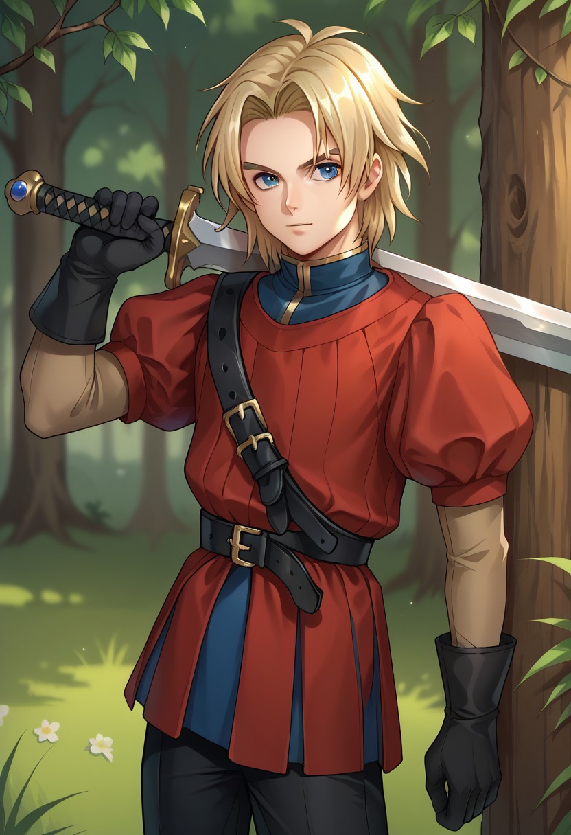 score_9, score_8_up, score_7_up, source_anime, highly detailed, 
kiefer, 1boy, male focus, solo, blonde hair, blue eyes, tunic, red tunic, puffy sleeves, shirt, blue shirt, high collar, gloves, pants, black pants, belt, holding, holding weapon, holding sword, over shoulder, weapon over shoulder, 
outdoor, wood,