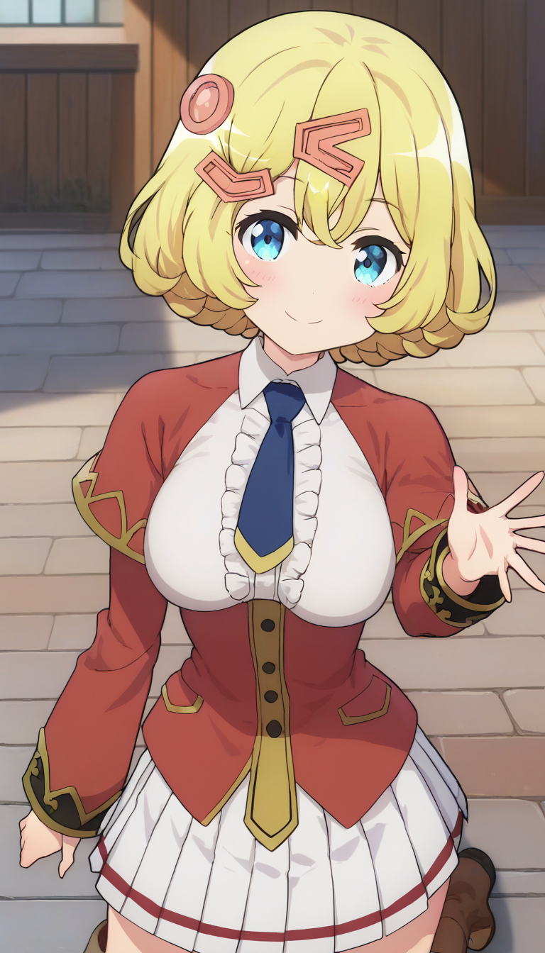 score_9,score_8_up,score_7_up,score_6_up BREAK official art,solo,outdoors,upper body,(portrait:1.5),looking at viewer,facing viewer,smile,blush,Esyne,short hair,blonde hair,hair ornament,hairclip,parted bangs,hair between eyes,blue eyes,red jacket,breasts out,blue necktie,short necktie,white shirt,collared shirt,center frills,short over long sleeves,layered sleeves,long sleeves,large breasts,underbust,miniskirt,white skirt,pleated skirt,thighs,knee boots,brown footwear,<lora:Esyne(ig)-Pony:1.8>,