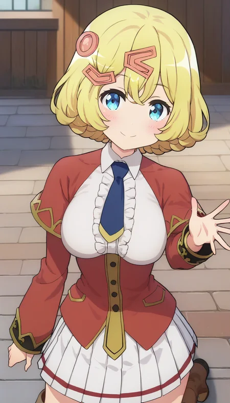 score_9,score_8_up,score_7_up,score_6_up BREAK official art,solo,outdoors,upper body,(portrait:1.5),looking at viewer,facing viewer,smile,blush,Esyne,short hair,blonde hair,hair ornament,hairclip,parted bangs,hair between eyes,blue eyes,red jacket,breasts out,blue necktie,short necktie,white shirt,collared shirt,center frills,short over long sleeves,layered sleeves,long sleeves,large breasts,underbust,miniskirt,white skirt,pleated skirt,thighs,knee boots,brown footwear,<lora:Esyne(ig)-Pony:1.8>,