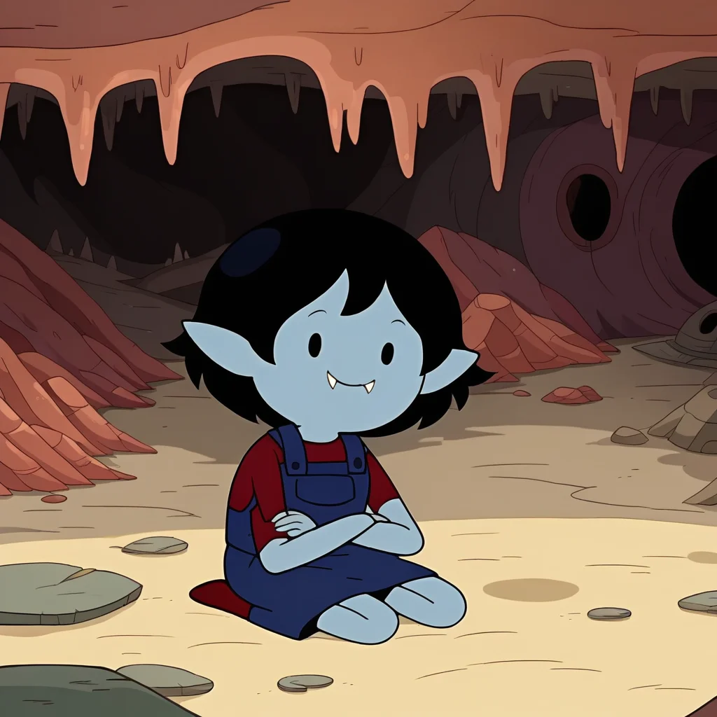 score_9, score_8_up, score_7_up, BREAK <lora:marci:1> marci, grey skin, black hair, short hair, dot eyes, vampire fangs, pointy ears, blue overalls, red shirt, skirt, cave, stalactite, house on cave, sitting, smile, closed mouth, <lora:Adventure_Time_Style:1> AdvTimeStyle, cartoon style, bold outlines, minimalistic shading, flat shading, flat colors, solo,