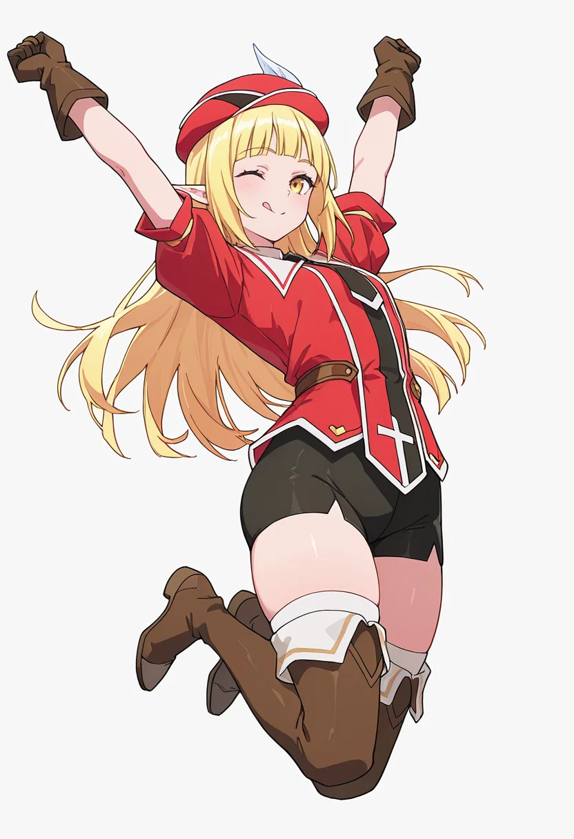 Smooth Quality,masterpiece,very intricate, high quality details, ultra realistic, high detailed skin,detailed enviorement,absurdres,
clenched hand,solo,
<lora:Rune_Noma_CNR:0.8> rune_cnr, pointy ears, blonde hair, long hair, yellow eyes, blunt bangs, elf, thighhighs, thigh boots, shorts, gloves, red hat, hat feather, beret, short sleeves, necktie,, simple background, white background, from below,
jumping, arms raised, legs bent, happy face, energetic posture, ,, ;q,