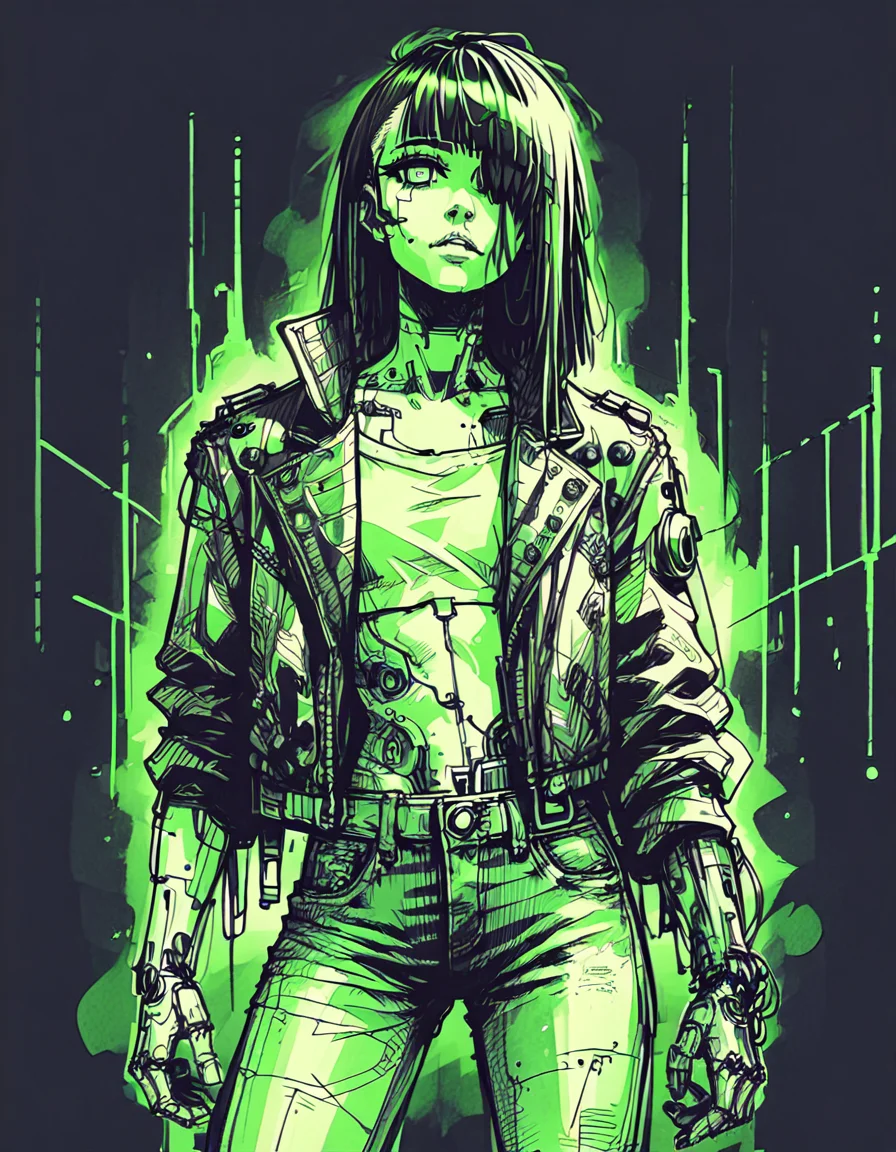 score_9, score_8_up, score_7_up,  <lora:Messy Sketch Style:1>, hyuuga hinata, in streets, cyberpunk, 1girl, half shaved head, hair over one eye, medium hair, joints, cybernetic arms, leather jacket, jeans, piercings, looking at viewer, limited palette,  green theme, black background,  monochrome,