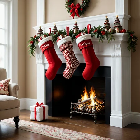 Elaborate Christmas stockings. Hanging from the mantel over the fireplace.
<lora:Socks01_CE_XL_300-OT:0.6> scksCE_style
