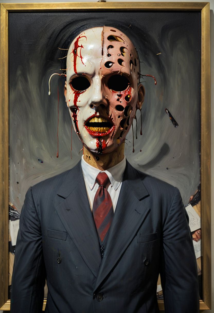 Oil painting on canvas, 1940s masterwork titled My head is slicing into enigmatic sections, and my primary symptom is that I have no face, but I must see. The subject of the painting is a businessman, a psychopathic expression of American disdain, their face expressively  pained intermingled with notes of confusion, and despite the psychopathic business suit dressing, one can't help but feel empathy towards this central character, the mask taking on a reflection of our own internal unrecognized pain.  Internationally recognized oil painting by The Master, sold at auction for 23 million USD.