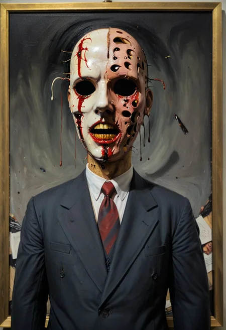 Oil painting on canvas, 1940s masterwork titled My head is slicing into enigmatic sections, and my primary symptom is that I have no face, but I must see. The subject of the painting is a businessman, a psychopathic expression of American disdain, their face expressively  pained intermingled with notes of confusion, and despite the psychopathic business suit dressing, one can't help but feel empathy towards this central character, the mask taking on a reflection of our own internal unrecognized pain.  Internationally recognized oil painting by The Master, sold at auction for 23 million USD.
