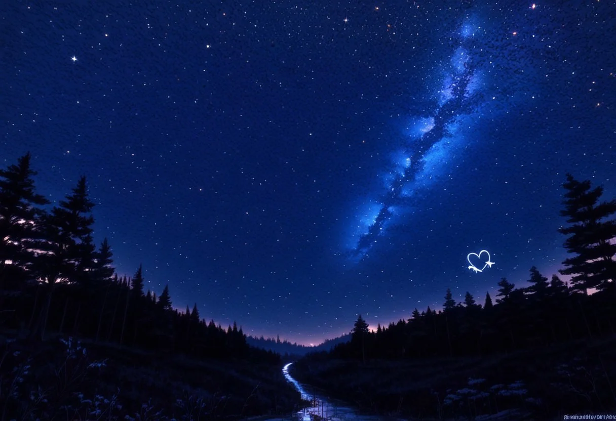 scenery, forest, night, starry sky, stars are making heart symbol in sky,