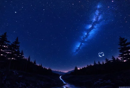 scenery, forest, night, starry sky, stars are making heart symbol in sky,