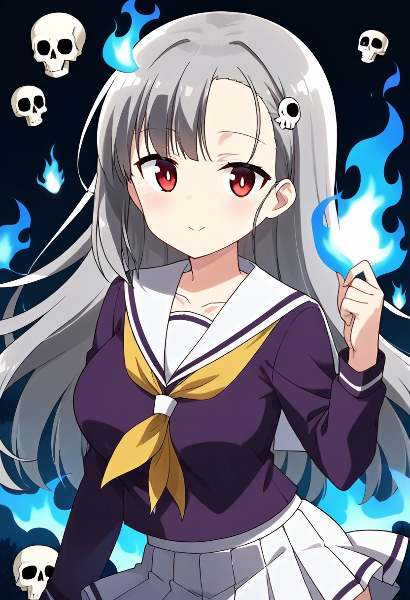 Score 9, Score 8, Score 7, Score 6, Score 5, Score 4, 1 girl, Original anime, Hitomi Hino, Long hair, (gray hair: 1.2), Hair ornament, Large breasts (Red eyes: 1.2),
 skull eyes, skirt, school uniform, pleated skirt, serafuku, white skirt, shirt , purple shirt, sailor collar, white sailor collar, long sleeves, handkerchief, yellow handkerchief, long stockings, torn clothes, skeleton hand, floating, blue fire in the adomen, in a cemetery, frowning, annoying, blue fire,looking at the viewer, serius,