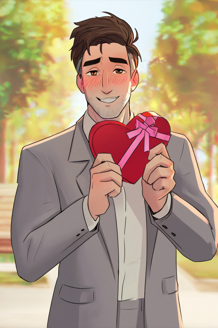 masterpiece, best quality, highres, newest, peterbparker, 1boy, solo, male focus, mature male, short hair, brown hair, multicolored hair, brown eyes, thick eyebrows, facial hair, stubble, formal, collared shirt, grey suit, looking at viewer, smile, standing, cowboy shot, smile, blush, holding gift, heart-shaped box, outdoors, park <lora:Spider-Man (Peter B. Parker) v1.1 Updated [LoRA] - NoobAI-XL EPS 1.0:0.8>