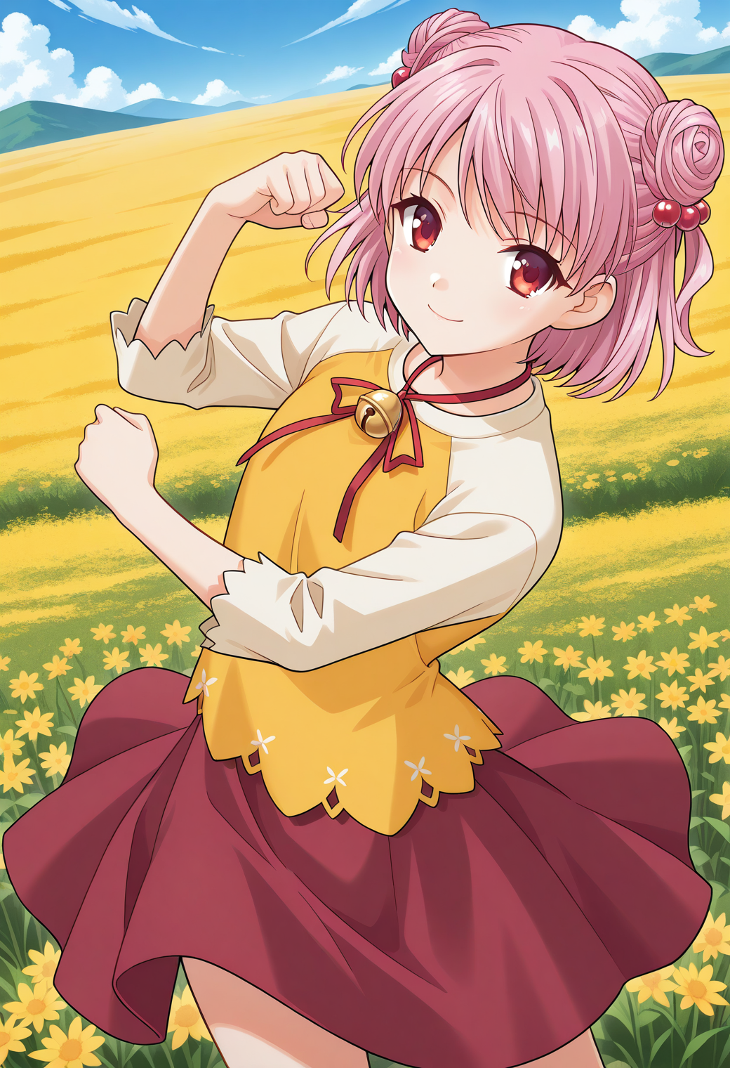 ever17_coco, red eyes, pink hair, short hair, double bun, hair bobbles, bell, red ribbon, neck ribbon, yellow shirt, raglan sleeves, red skirt, <lora:ever17_coco_illustrious_ver1:0.8> 
smile,, masterpiece, best quality, general,, 1girl, solo, (field:1.2), (blue sky:1.2), looking at viewer,, (cowboy shot, dynamic pose:1.4),