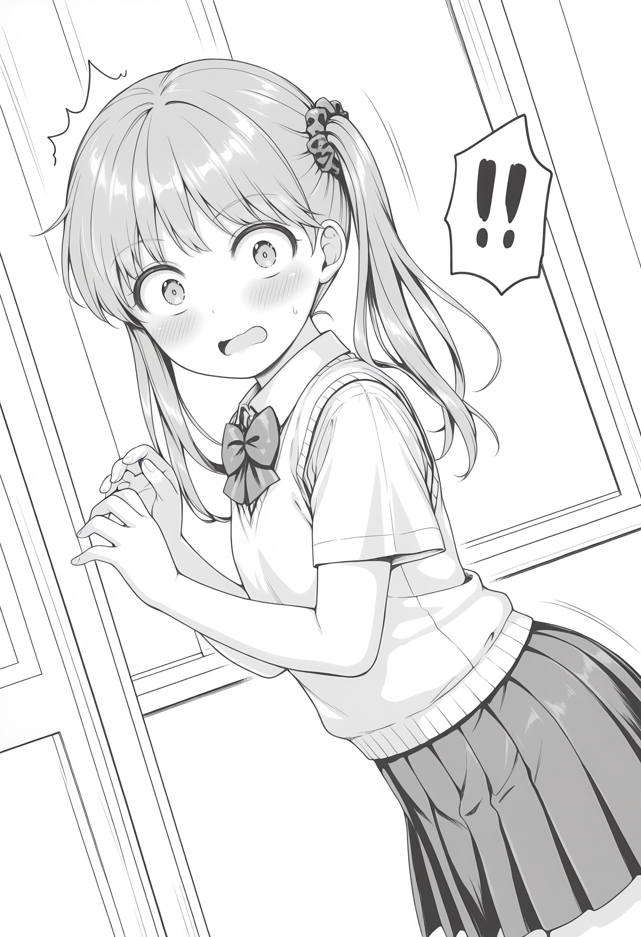 highres, best quality, masterpiece, indoors,
1girl, solo, otomoyki, long hair, twintails, hair scrunchie, flat chest, monochrome, greyscale,
school uniform, bowtie, short sleeves, shirt, vest, pleated skirt, skirt,
looking at viewer, blush, embarrassed,
hands up, surprised, from side, leaning forward, motion lines, constricted pupils, !!, dutch angle,
<lora:_yuki_otoomo-elesico-ilxlD:1>