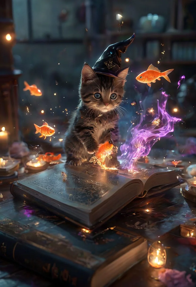 amazing quality, masterpiece, best quality, hyper detailed, ultra detailed, UHD, perfect anatomy, magic world, (kitten and fish:1.4), fish in the air, spell magic to get fresh fish as food,( fish jumping from magic book:1.3), energy flow, a full body of a cute kitten, kawaii, wearing witches robe, witches hat, holding magic book, magic book on one hand, spell magic, <lora:add-detail-xl:1.0>, extremely detailed, <lora:glowneon_xl_v1:0.75> glowneon, glowing
