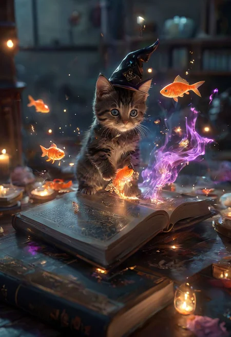 amazing quality, masterpiece, best quality, hyper detailed, ultra detailed, UHD, perfect anatomy, magic world, (kitten and fish:1.4), fish in the air, spell magic to get fresh fish as food,( fish jumping from magic book:1.3), energy flow, a full body of a cute kitten, kawaii, wearing witches robe, witches hat, holding magic book, magic book on one hand, spell magic, <lora:add-detail-xl:1.0>, extremely detailed, <lora:glowneon_xl_v1:0.75> glowneon, glowing