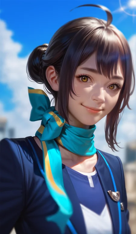 score_9,score_8_up,score_7_up,
<lora:xinxianying:0.9>,xinxianying,
highres,photorealism,bloom,
1girl,solo,black hair,updo,bangs,ahoge,yellow eyes,looking at viewer,smile,dark blue blazer,white undershirt,teal scarf,
blurry background,
outdoors,
blue sky,cloud,
light particlest,Lens Flare,