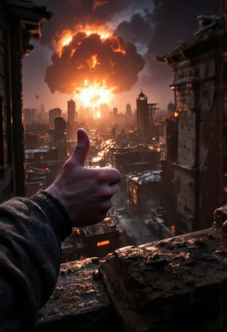 A chilling and apocalyptic photograph capturing a massive nuclear explosion in the background, its fiery mushroom cloud consuming the darkened sky. The city in the distance is being obliterated, with buildings collapsing and fires raging. In stark contrast, a close-up of a hand in the foreground gives a thumbs-up gesture, creating an unsettling juxtaposition of horror and eerie nonchalance against the backdrop of destruction