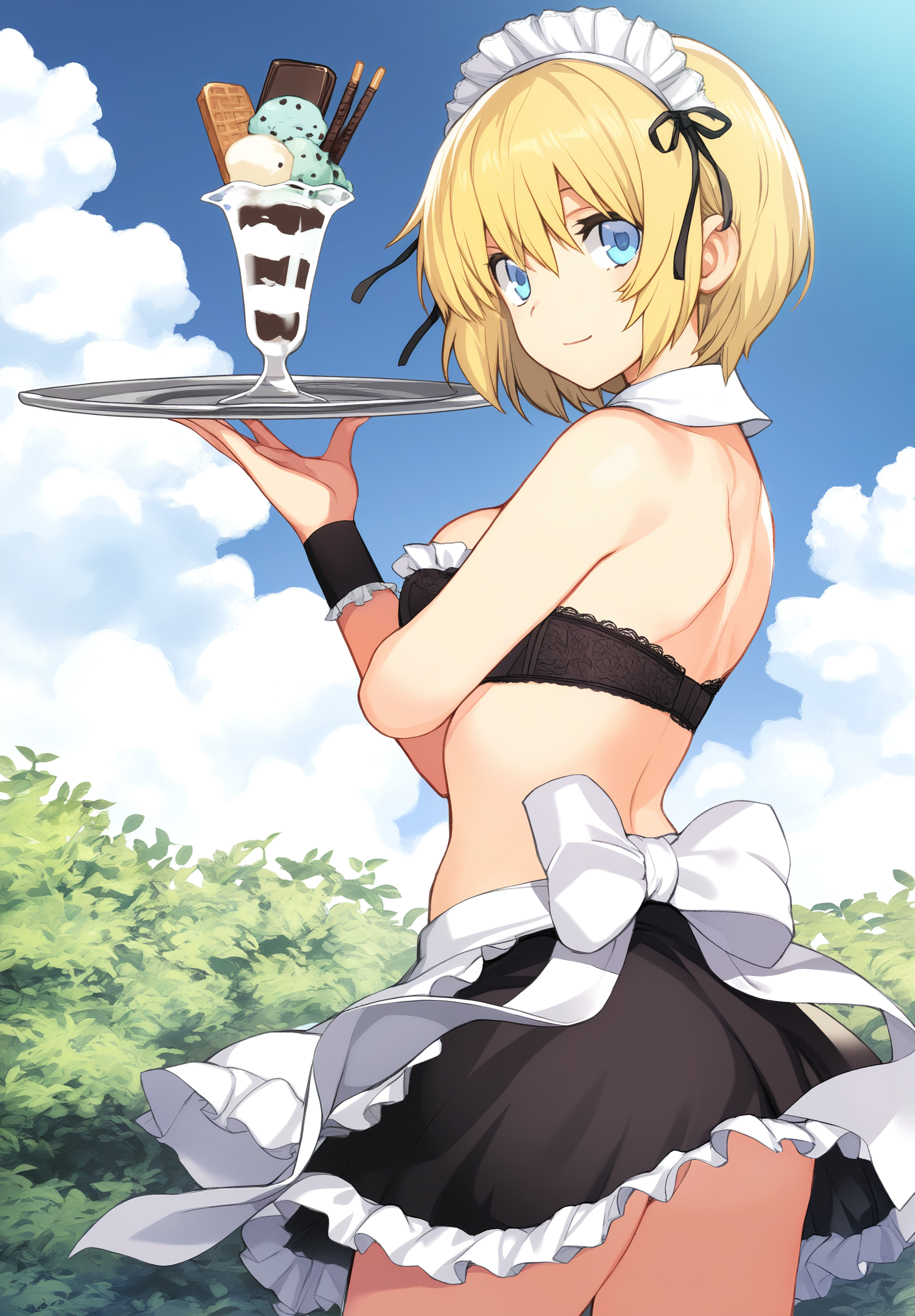 masterpiece,absurdres,best quality,high quality,<lora:Cool Rance V4 Vpred Noob:1>,1girl,back bow,black bra,black skirt,blonde hair,blue eyes,cloud,day,detached collar,frilled bra,frilled skirt,frills,holding tray,ice cream,light smile,looking at viewer,looking back,maid,medium breasts,miniskirt,short hair,sky,solo,standing,strapless,strapless bra,twisted torso,white bow,white collar,white headdress,