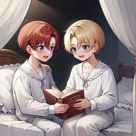 score_9, score_8_up, score_7_up, score_6_up, score_5_up, source_anime, painterly, 2boys, multiple boys, boy A and boy B, 18 years old, ((small body)), (same size), long sleeves, ruffle shirt, lace up, drawstring, large wooden headrest, nice fancy bedroom, (white nightgown:1.1), white nightshirt, [dress], white pajamas, victorian era, sitting up in bed, collarbone, white blankets, canopy bed, leaning back on large pillows, ((big white pillows)), ((dark lighting)), reading a book, looking at book, (soft warm lighting), (absurd detail), (masterpiece:1.1), (high quality), (4k), (detailed anime, anime artwork), straight hair, holding a large book, reading, cozy, (shoulder to shoulder), side by side, resting on pillows, next to each other, on bed, warm light, straight hair <lora:m1n0XLP:0.5> m1n0, ((high_quality)), ((Super_Detailed)), from side
BREAK boy A(((light blonde hair)), ((bangs)), hair between eyes, blue eyes, soft smile, shy, closed mouth, [blush], turning head to look at boy B, looking over shoulder, turning, looking at boy B),
BREAK boy B(auburn hair, parted bangs, golden eyes, open mouth, [laughing]),