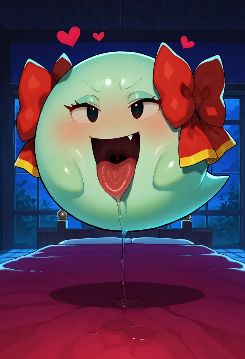 (((syuro))), ((Best quality)), (high quality),
(Very soft shading),
((((Clear image)))),
((((Solo)))), solo, soft outlines, soft coloring,
((Solo female)), ((solo female)),
1female, ((female only)), ((solo female)),
1girl, boo \(mario\), Lady bow (paper mario: the thousand year door), green skin,
Lady bow (paper mario),
lady bow, open mouth, tongue out, drool, dot eyes,
((<lora:Lady_Bow_Paper_Mario:1>)) ,
Feral,
Bedroom, furniture, night,
Shiny skin,
dynamic pose, dynamic angle
(extremely horny), ((very horny female)), orgasming very hard, hearts, heavy breathing,
(orgasming face), exessive pleasure,
((<lora:ssvrtk_4324_syuro:10>)),
absurd res, high res, hiper res, ((4k)), ((absurd res)), hi res, (((high resolution))), highres,