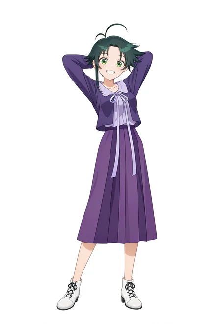 <lora:MINAMI SHIUNJI_illustrious-000026:1>,
MINAMI SHIUNJI, solo, smile, full body, purple dress, looking at viewer, dress, white background, simple background, arms behind head, white footwear, standing, jacket, grin, purple skirt, long sleeves