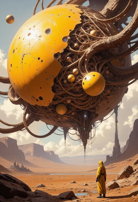A hyper-realistic hauntingly beautiful dark sci-fi scene featuring a vast, barren landscape with a colossal, organic, yellow spherical object. A sphere made up of intertwined and fused egg spheres, intertwined veins and layered flesh reveals a structure of fused mutated spheres and intertwined veins and sinews. A woman in a yellow biohazard suit stands on rocky terrain, staring at the mysterious sphere. An overcast sky hangs over her, creating an eerie atmosphere on the desert landscape. In the distance, man-made structures can be seen on the horizon, hinting at a wider world, sci-fi and high tech. This striking image evokes a sense of wonder and curiosity, inviting viewers to explore the mysterious world that lies within, cinematic, painting, high definition, high detail, 16K resolution. ultra sharp focus photo, 3d render, architecture, dark fantasy, vibrant (photography, high-resolution, dynamic, energetic,hyper-realistic, dramatic lighting, shallow depth of field.), Cinematic, beautiful, vibrant, masterpiece, 32k, ultra HD, ultra-detailed, amazing quality, amazing artist, sharp edges, detailed textures, full view, atmospheric lighting, amazing visuals