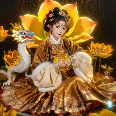 longnianhao,long2, 1girl, flower, sitting, chinese clothes, hair ornament, jewelry, long sleeves, black hair, fur trim, lotus, animal, solo, looking at viewer, gem, long hair, brown hair, puffy long sleeves, facial mark, earrings, light particles, dragon, forehead mark, yellow flower, hanfu, beads, gold, holding, bangs, makeup, indian style, tassel, puffy sleeves, shawl, blurry, animal on shoulder, hair flower, necklace, holding animal, dress, parted glowing, wide sleeves, hair stick, braid, sparkle, full body, parted bangs, hair bun<lora:longnianhaosdxl-000010:0.8>