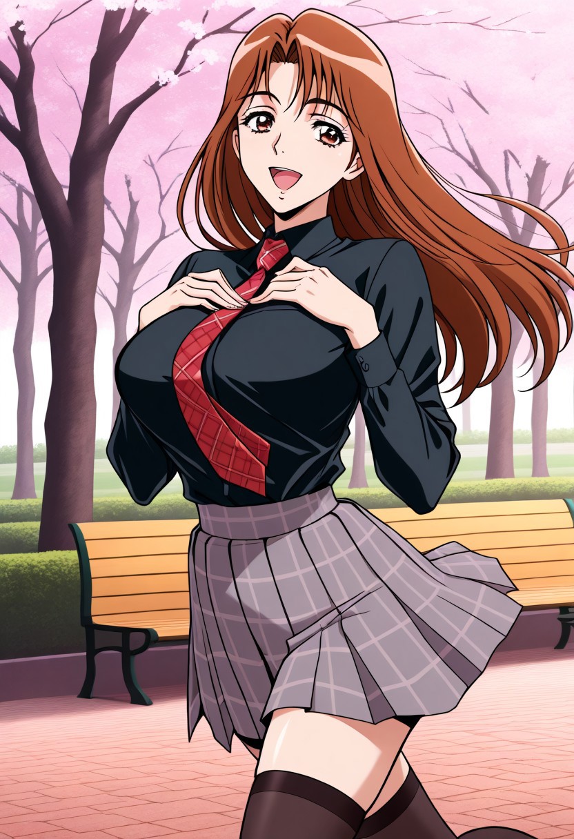 masterpiece, best quality, newest, highres, uncensored, 1girl, yokota mamoru style,1girl,Sendou Chika,brown hair,long hair,slim, Big Breasts, black thighhighs, zettai ryouiki, black shirt, collar, red necktie, plaid, plaid necktie, plaid skirt, pleated skirt, grey skirt,, park, cherry blossoms, bench, gentle breeze, peaceful, running, open mouth,, smile, , hands on own chest, smile, solo,, cowboy shot, dutch angle