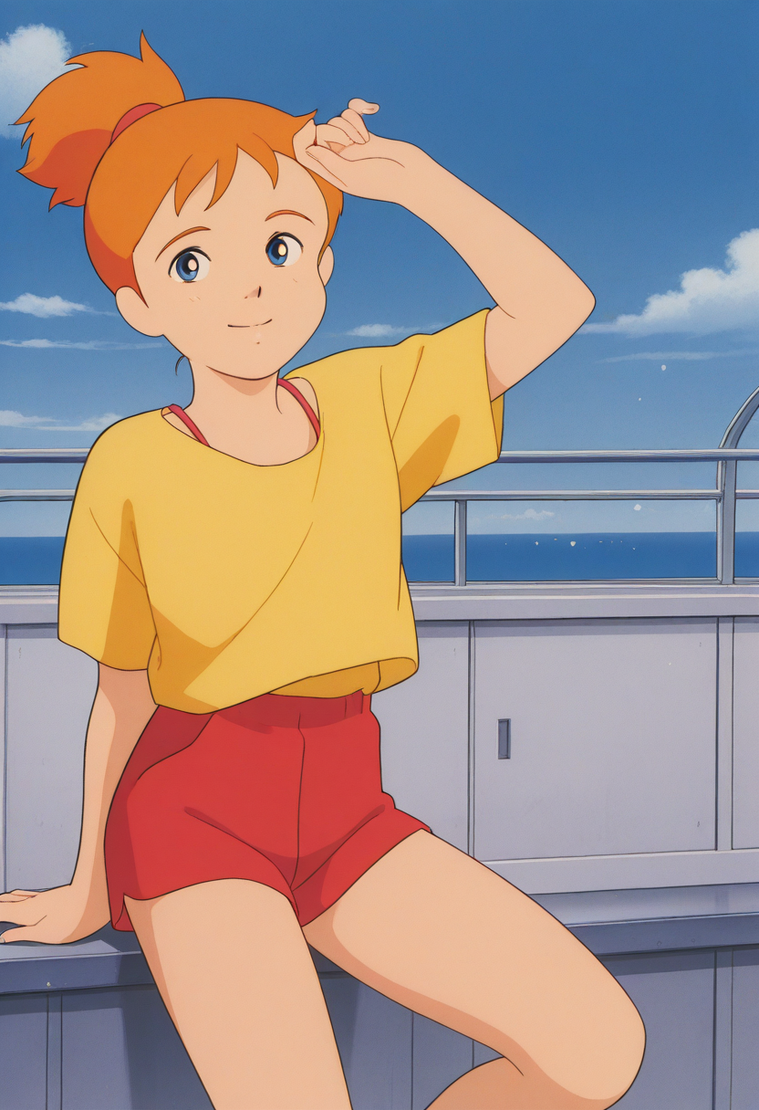 masterpiece, best quality, source_anime,official art,perfect_anatomy,1990s_\(style\),retro_artstyle,1girl,solo,Nanami Simpson,blue_eyes,orange_hair,ponytail,yellow_shirt,t-shirt,looking_at_viewer,smile,flat chests,red_shorts,thighs,day,blue_sky,cloud