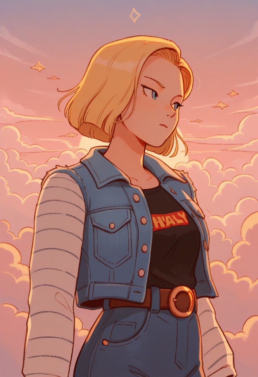WhimsiFantasystyle,  masterpiece, best quality, solo,                                                                                                                                                             android 18, flying through the sky, denim jacket, sunset, clouds,  warm colors,
