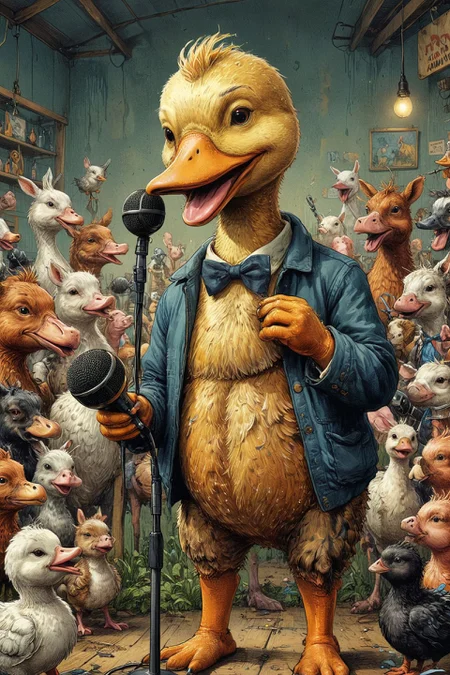 Duck with a microphone, performing stand-up comedy, audience of farm animals laughing
(masterpiece, award winning artwork)
many details, extreme detailed, full of details,
Wide range of colors, high Dynamic
<lora:xl_more_art-full_v1:0.65>
<lora:InkArtXL_1.2:0.8> ink art, line art
<lora:EldritchMixIllustration_1.0:0.25>
<lora:xray:0.21>