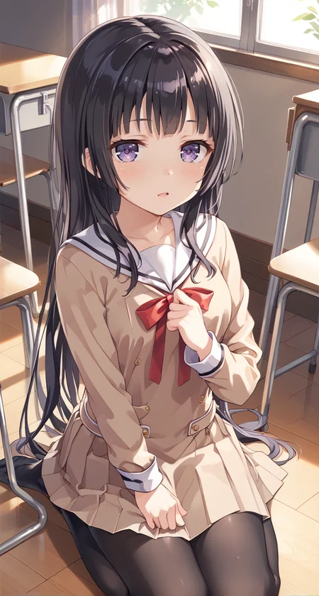 score_9,score_8_up,score_7_up,
official art,official style,game cg,megami magazine,
uncensored,
1girl,
bang dream!,
shirokane rinko,
srknrnkschool,black hair,very long hair,
long sleeves,neck ribbon,outstretched arm,parted lips,pleated dress,
purple eyes,red ribbon,ribbon,sailor collar,sailor dress,school uniform,serafuku,short dress,sidelocks,
<lora:band_dream_shirokane_rinko_pony:1>,