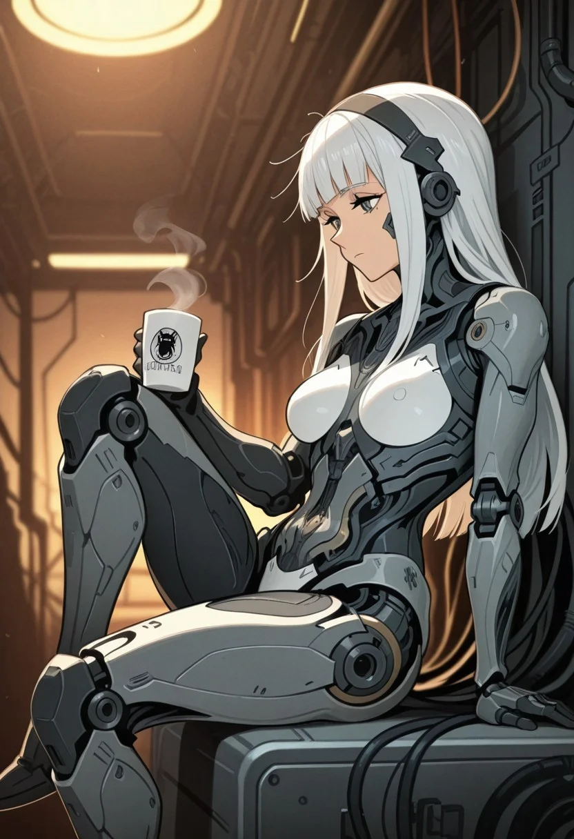 mature female, 1girl, solo, long hair, breasts, holding, sitting, medium breasts, white hair, sidelocks, hairband, blunt bangs, from side, cup, grey eyes, makeup, expressionless, arm support, headgear, robot, holding cup, straight hair, science fiction, knee up, mug, android, cable, joints, mechanical arms, cyborg, single mechanical arm, robot joints, coffee mug, mechanical parts, mechanical legs, cyberpunk, limited palette, high detail, depth of field, (blurred background), (dramatic lighting), 8k, detailed background, ambient lighting, global illumination, cutscene, masterpiece, best quality, ultra-detailed, amazing quality, very aesthetic, incredibly absurdres, highres, newest, latest, khly2, noveau, art noveau